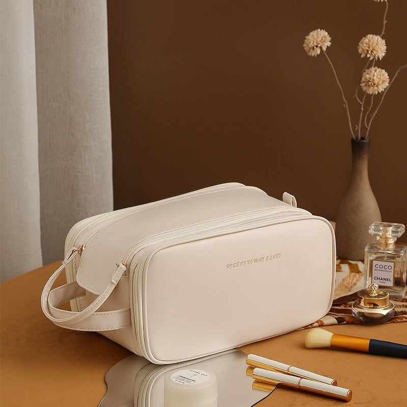 Makeup Storage Bag- Leather,Three-layer,Double Zipper,U-shaped
