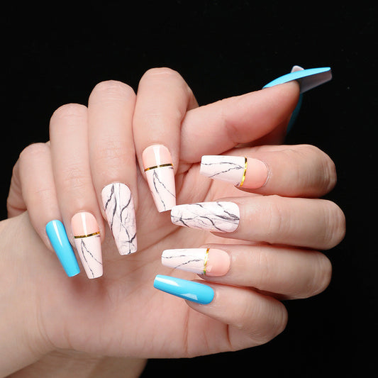 Ballet Coffin Marble Nails -24 piece