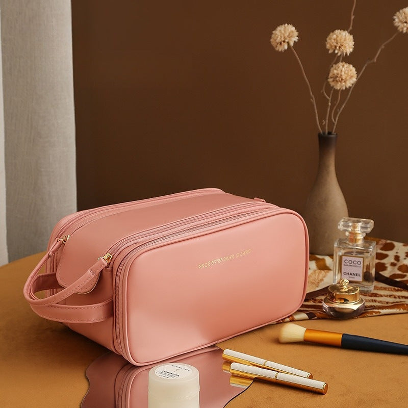 Makeup Storage Bag- Leather,Three-layer,Double Zipper,U-shaped