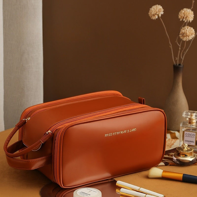 Makeup Storage Bag- Leather,Three-layer,Double Zipper,U-shaped