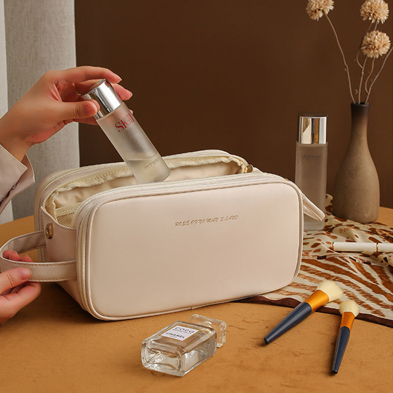 Makeup Storage Bag- Leather,Three-layer,Double Zipper,U-shaped