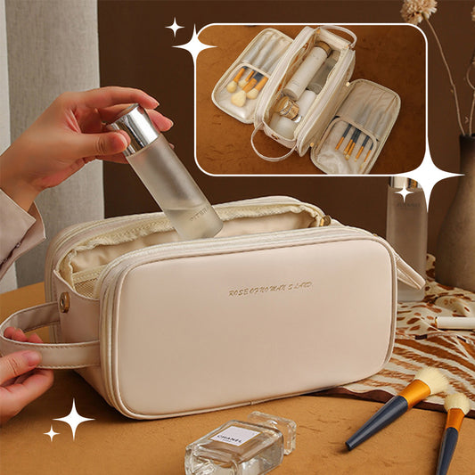 Makeup Storage Bag- Leather,Three-layer,Double Zipper,U-shaped