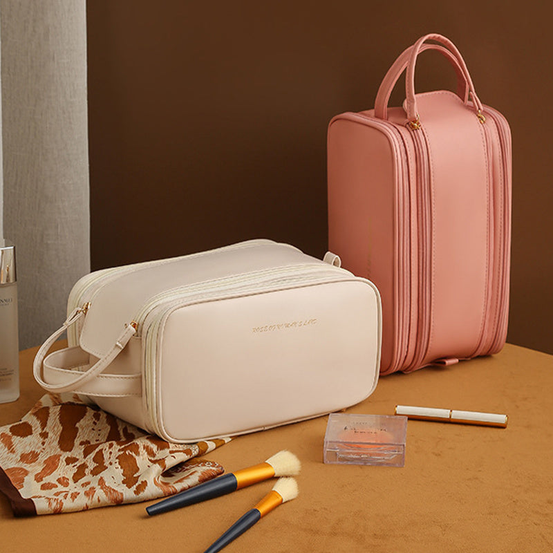 Makeup Storage Bag- Leather,Three-layer,Double Zipper,U-shaped