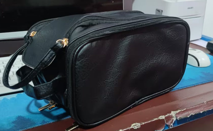 Makeup Storage Bag- Leather,Three-layer,Double Zipper,U-shaped