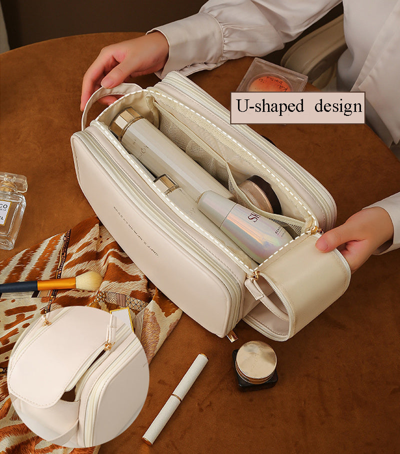 Makeup Storage Bag- Leather,Three-layer,Double Zipper,U-shaped