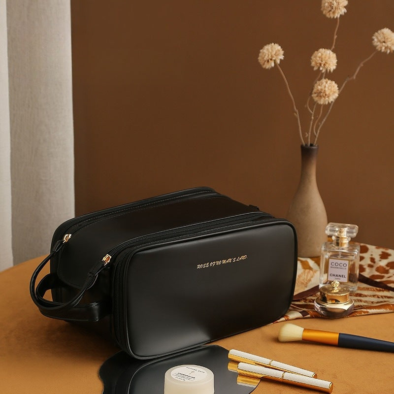 Makeup Storage Bag- Leather,Three-layer,Double Zipper,U-shaped